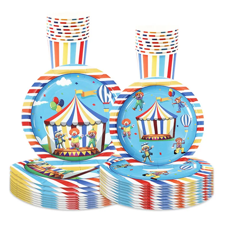

8 Guests Circus Troup Birthday Disposable Tableware Clown Plates Cups Napkins Happy Birthday Party Supplies Baby Shower Decor