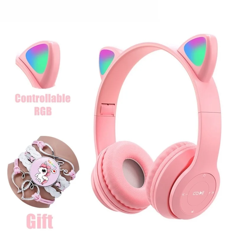

Pink Girl Wireless Headphones RGB Cute Cat Ears Headset With Microphone Noise Cancelling Kid Stereo Music casco Children's