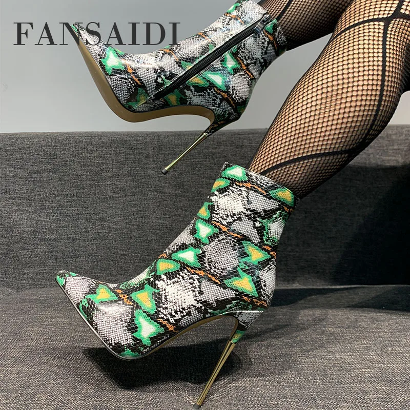 

FANSAIDI Winter Ankle Boots Pointed Toe Stilettos Heels High Heels Snakeskin Clear Heels Party Shoes Ladies Boots41 42 43 44 45