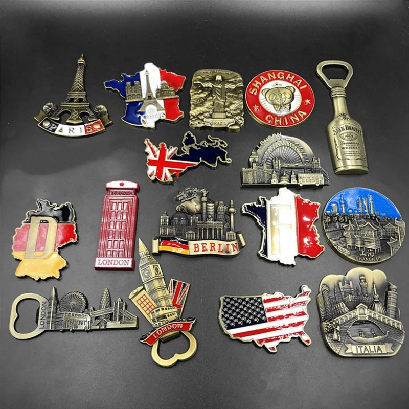 

3D Fridge Magnets France Germany Brazil Italy Shanghai Metal Magnetic Refrigerator Stick Bottle Opener Creative Collection Gifts