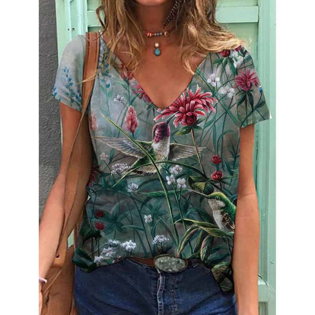 

Hummingbird women's 3D printed T-shirt loose Various sizes women's top short sleeve V-neck T-shirt summer 2022 NEW