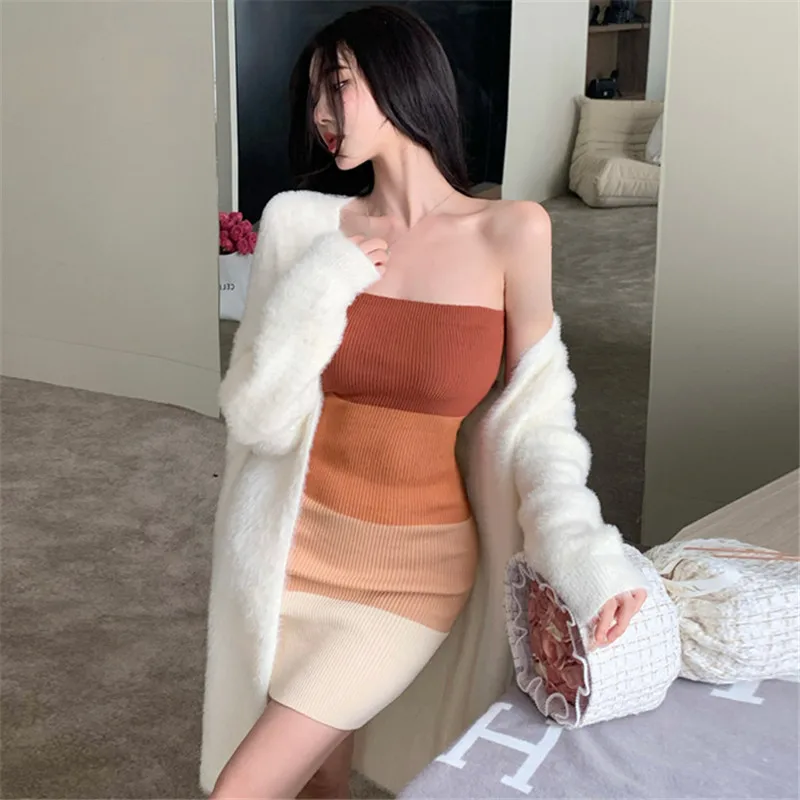 

Fall Winter Knitted Sexy 2 Pieces Dress Sets Gradient Colorful Strapless Pencil Mini Dress&Loose Long Cardigan 2pc Skirt Suits