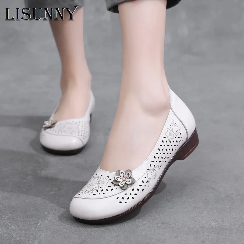

LISUNNY Spring/Summer Genuine Leather Hollow Out Shoes Women Flat Bottom Casual Hole Ballet Flats Female Slip On Loafers 2022