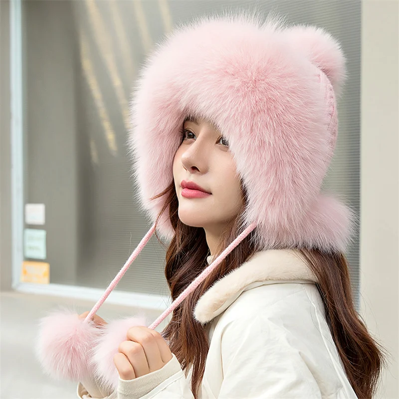 100% Real Raccoon Fur Hat For Women Natural Fox Fur Russian Ushanka Hats Winter Thick Warm Fashion Girls Bomber Cap Elastic