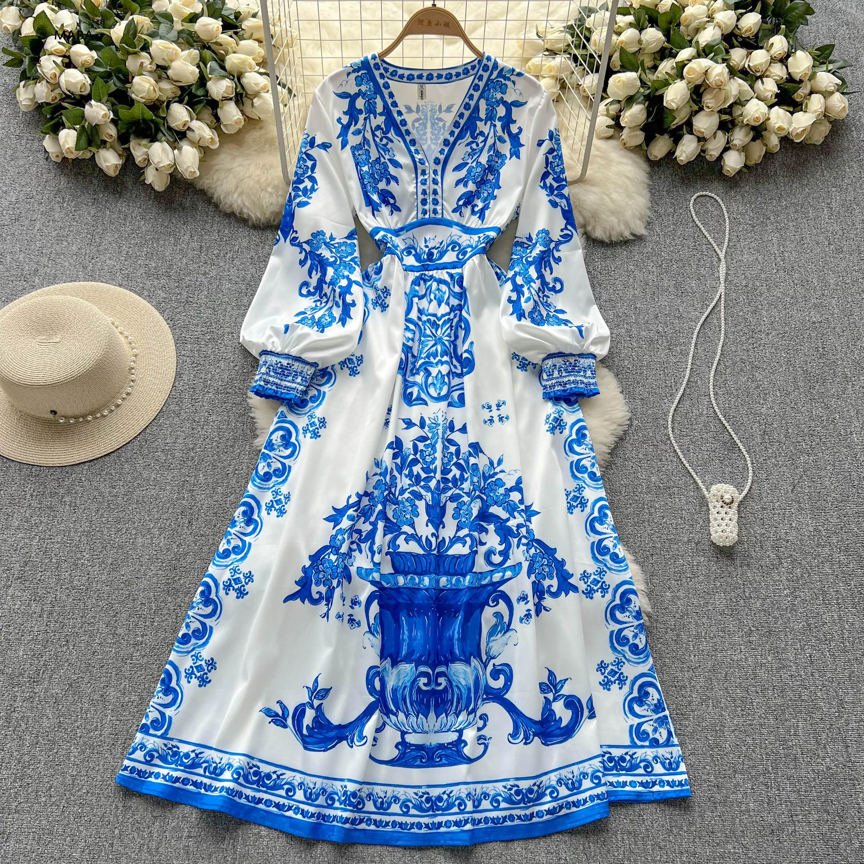 

Женское модельное платье с фарфоровым принтом, элегантное сине-белое платье с длинным рукавом-фонариком и V-образным вырезом, весна-осень