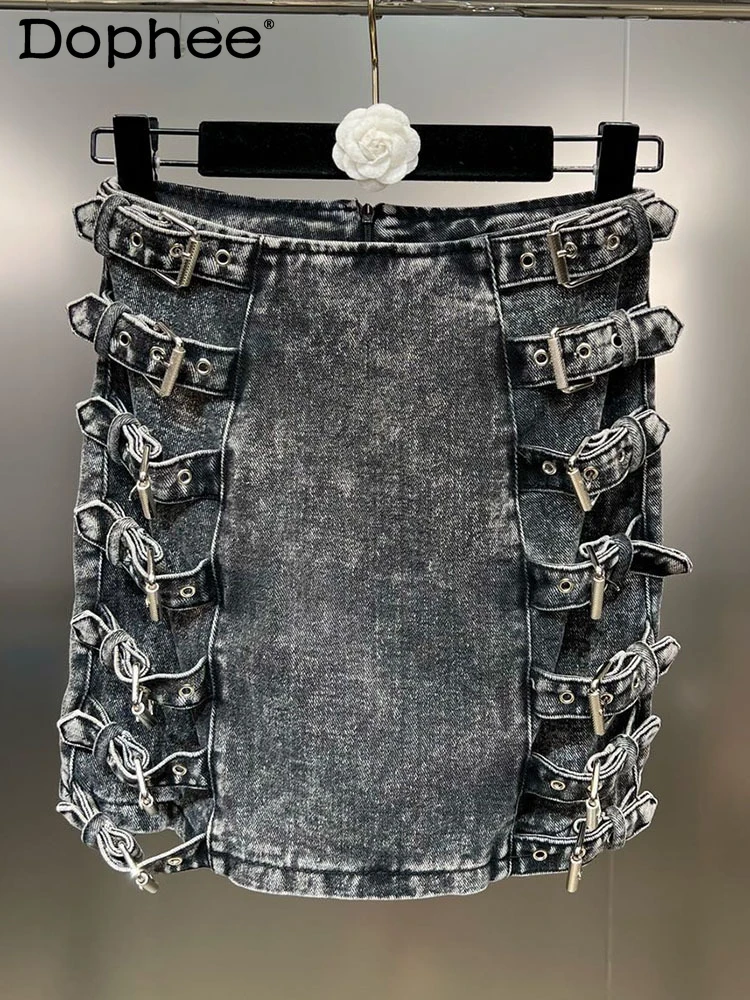 

2022 new autumn straight dneim many belts spliced gray color mini length halfbody skirt female bottoms tide