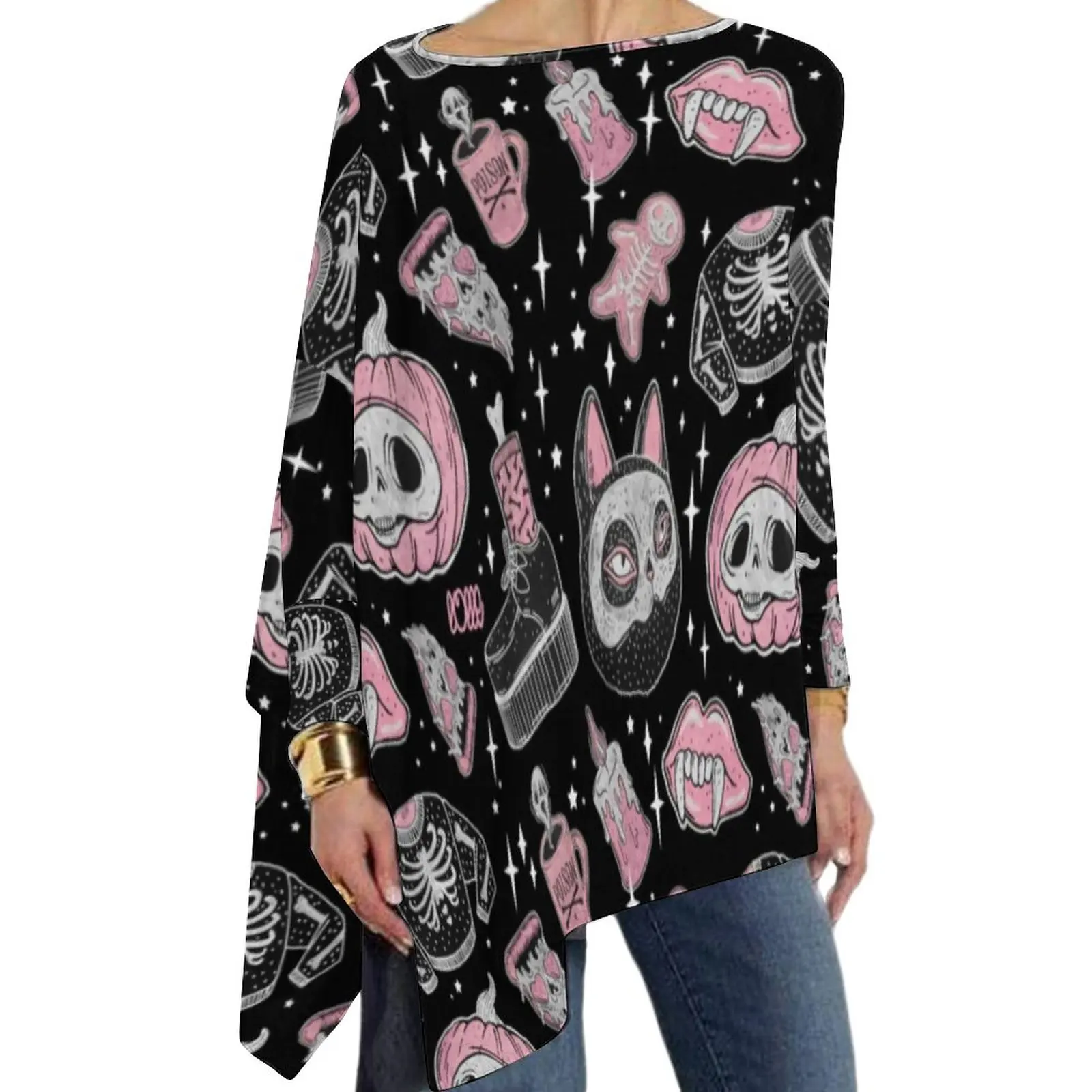 

Spooky Skeleton T-Shirt Pumpkin Spooks and Creeps Street Wear Long-Sleeve T Shirts Print Retro Tshirt Women Autumn Top Big Size