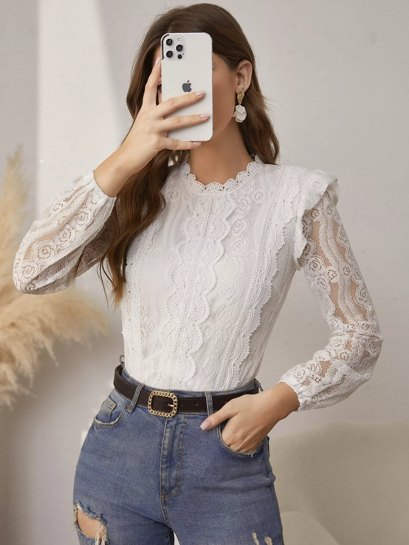 Elegant ruffle lace patchwork o-neck long sleeves women blouse Office lady white autumn casual blouses Solid female top