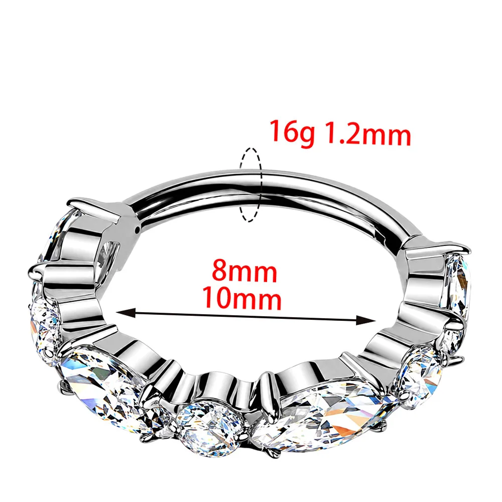 Фото PUTITUP ASTM F136 G23 Титановое кольцо-кликер с фианитом в форме маркизы для септума, носа, хеликса, хрящика, разноцветное украшение для тела с цирконом. №2