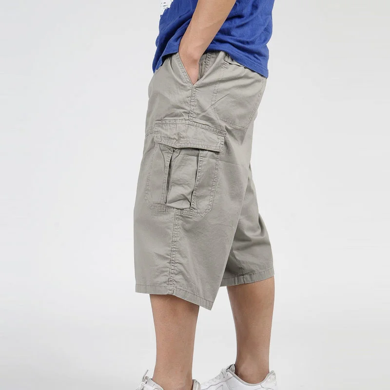 

3/4 Pants Men Summer Multi-pocket Baggy Cargo Cotton Calf Length Casual Trouser Male Large Solid color Plus Size XL-6XL
