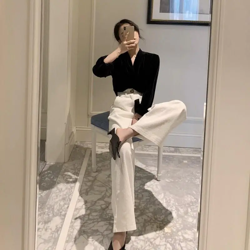 

Women 2022 Spring Autumn New Two-piece Sets Female V-neck Loose Shirt Tops + High Waist Loose Wide-leg Pants Ladies Suits D246