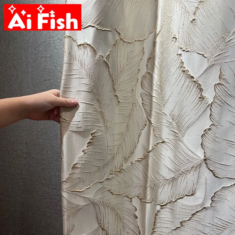 

Embossed Stereoscopic Gold Silk Leaves Blackout Bedroom Curtains Luxury Villa Modern Curtain Bronzing Texture Window Drapes #4