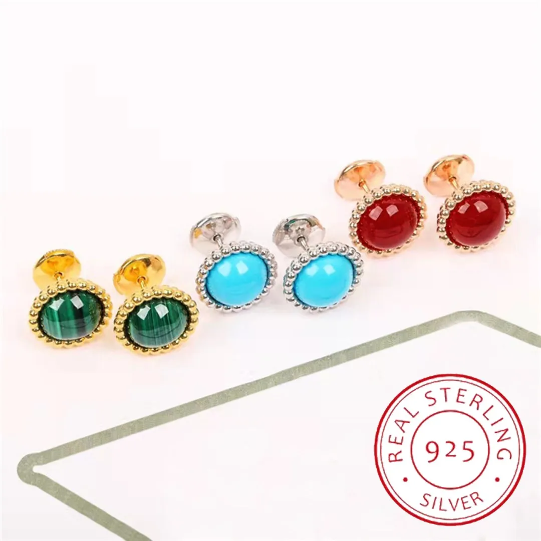 

European And American High-grade Red Chalcedony Round Candy Earrings 925 Silver Gold-plated Women Fashion Brand Jewelry Gifts