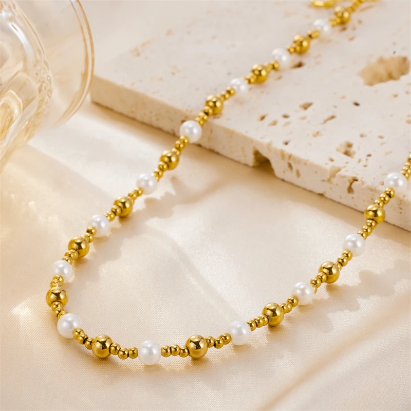

Hip Girl Freshwater Pearl Stainess Steel Bead Necklaces For Women Charm Chain Banquet Choker Jewelry Wedding Gifts