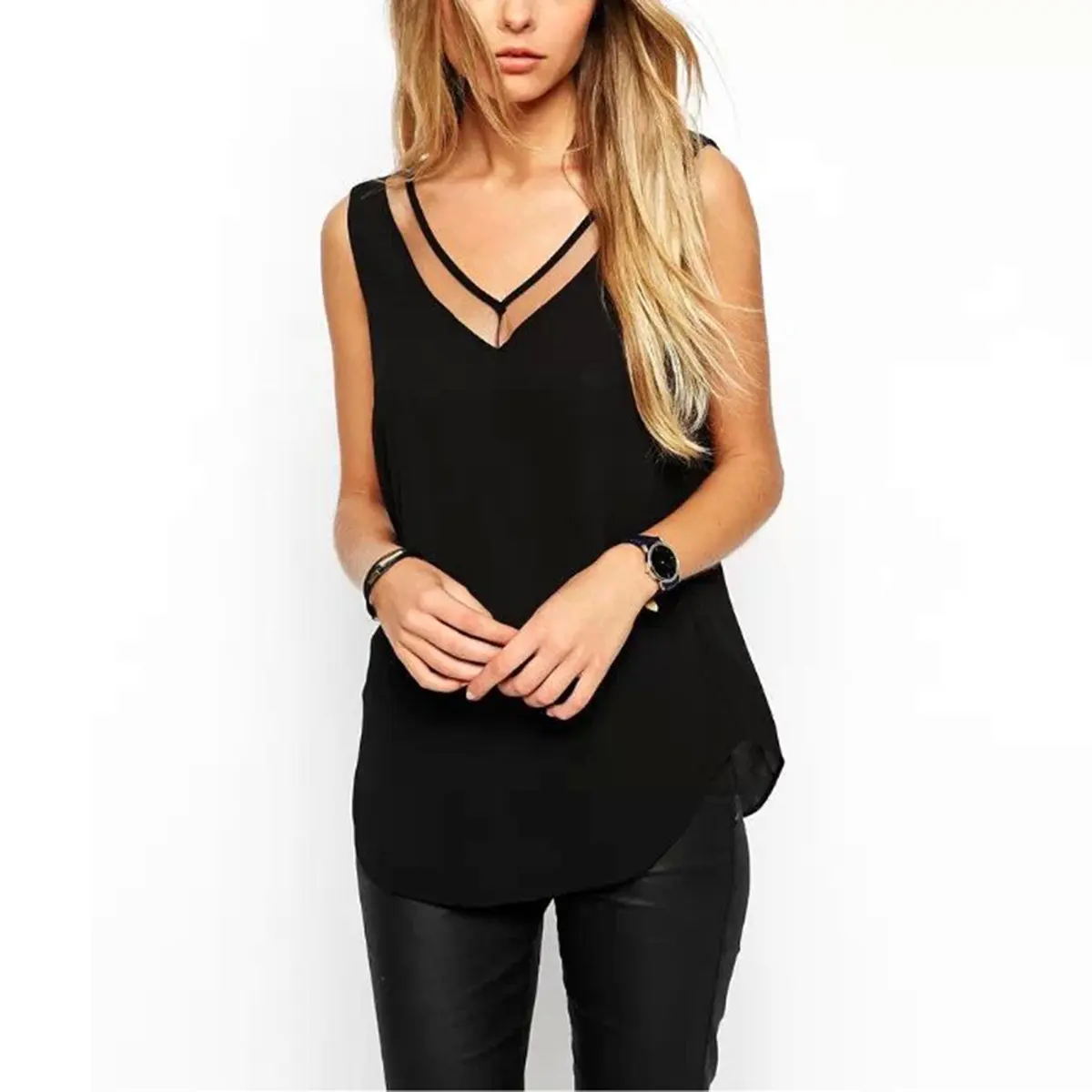 

Sheer Mesh Sleeveless Camisole Shirt Bottom Tank Tops Solid Women Summer V-Neck Chiffon Vest Casual Women's Clothing