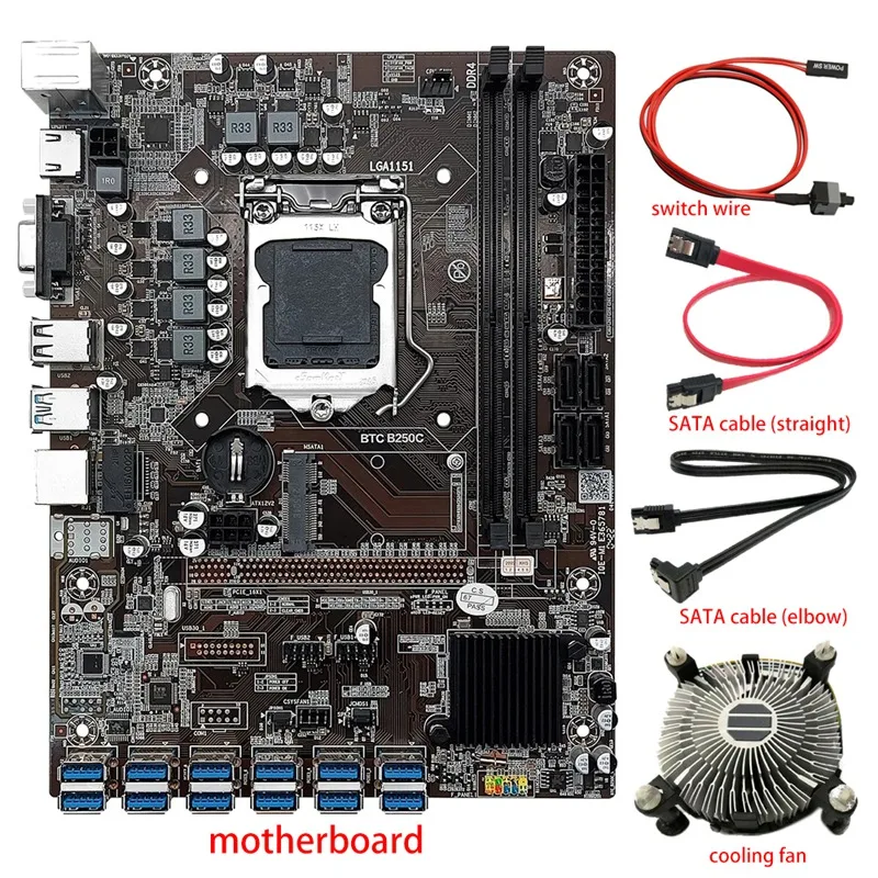 NEW-B250C 12 Card BTC Mining Motherboard+CPU Fan+2X SATA Cable+Switch Cable 12 USB3.0(PCIE) LGA1151 DDR4 MSATA Motherboard