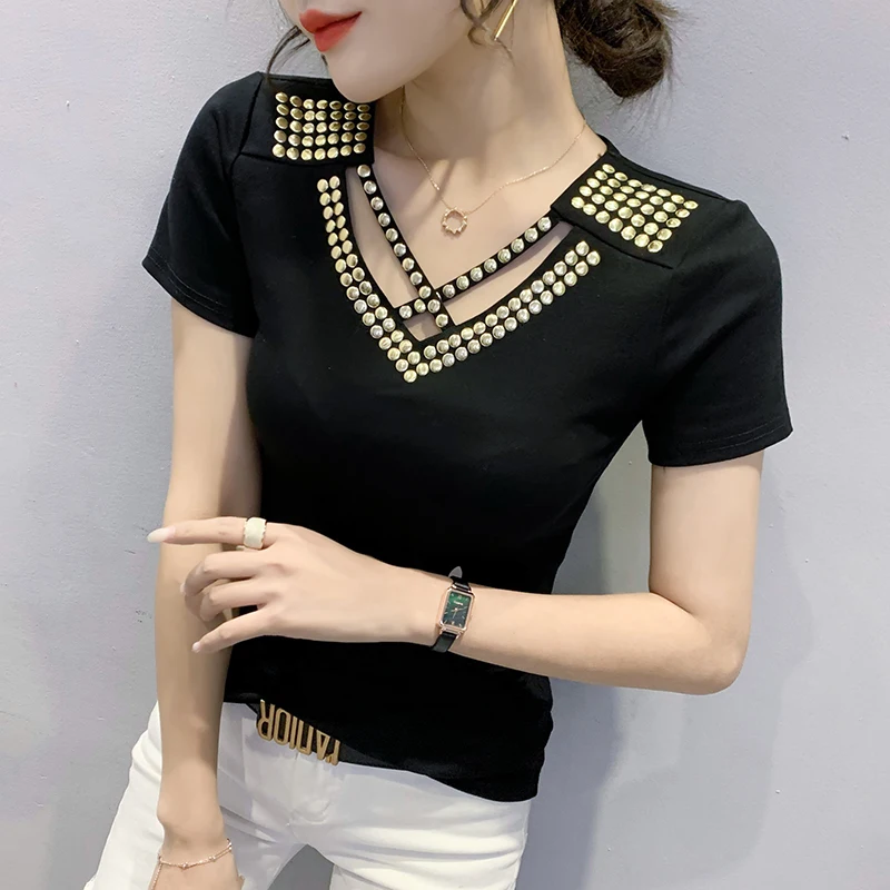 

Summer New 2022 Fashion Casual V-Neck Solid Color Women T-Shirt Elegant Slim Diamonds Rivet Tops Elasticity Women Clothing
