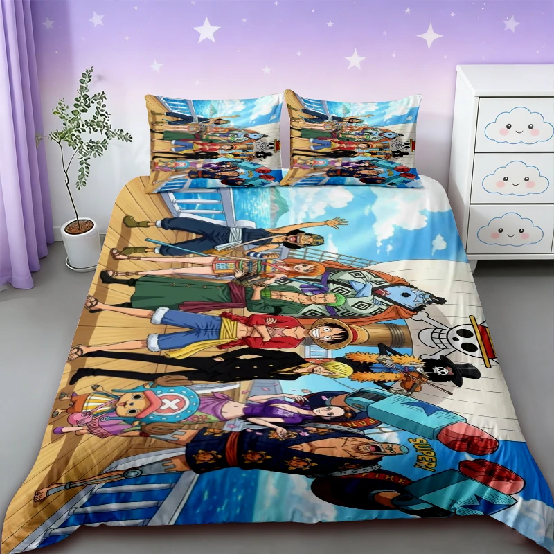 Фото Комплект постельного белья One Piece с мультяшным принтом Луффи, мягкий и удобный, размеры Queen/King/Twin/Full, для подростков и мальчиков, подарок для мальчиков, мягкий и уютный. №2