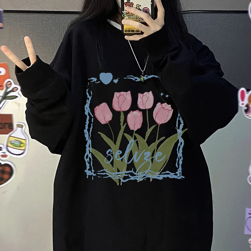

Korean Y2k Hoodies Women Aesthetic Kawaii Flower Graphic Women's Sweatshirt Long Sleeve Pullover Oversized Autumn Women Clothing