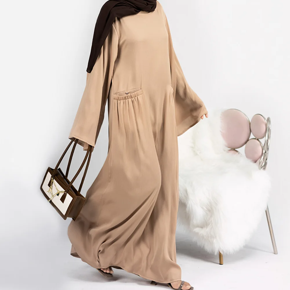 Muslim Woman Abaya Hijabs Dresses Turkey Dubai Islamic Clothing Moroccan Caftan Solid Color Loose Pocket Flared Sleeve Robe