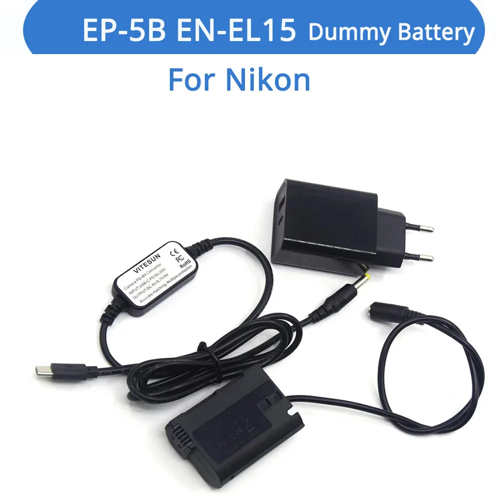 

EN-EL15 EN-EL15A Dummy Battery EP-5B Coupler PD Charger USB-C DC Cable For Nikon Z7 Z6 D7500 D7200 D850 D810 D800 D800E D750