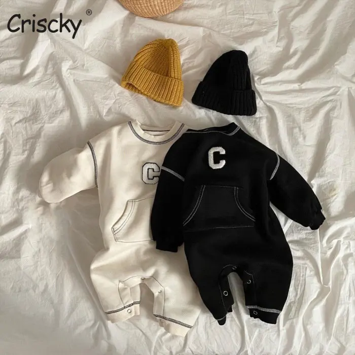 

Newborn Baby Toddler Rompers Spring Summer Girl Boy Letter Pocket Jumpsuit Kids Long Sleeve Bodysuit Children Clothing