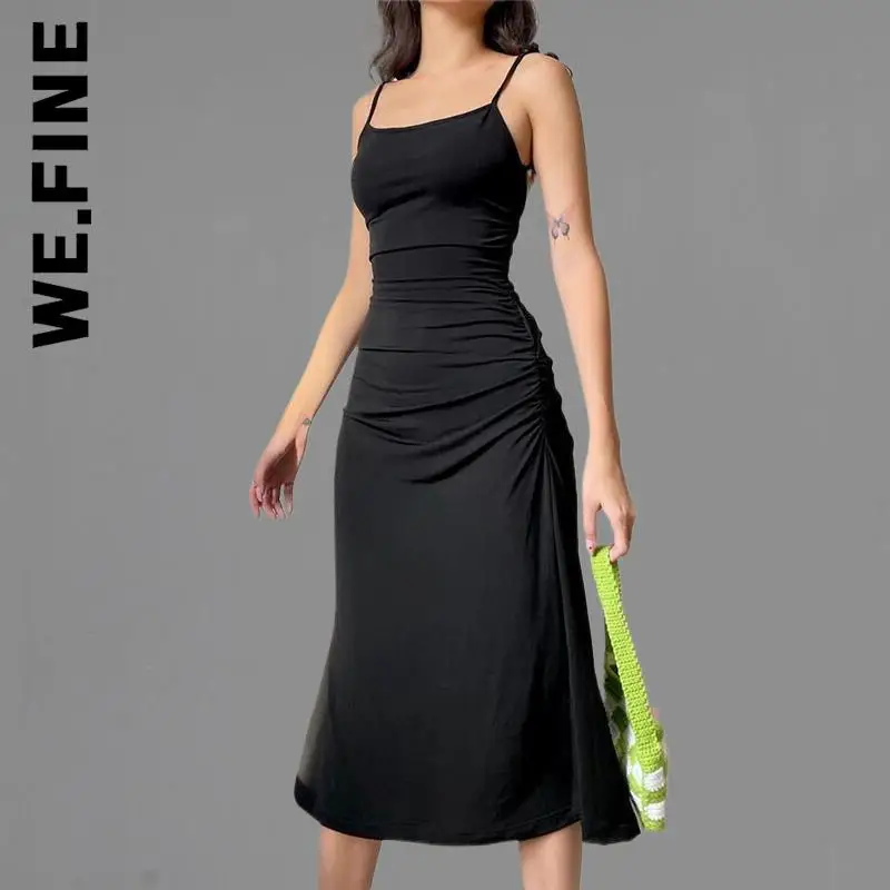 

We.Fine Women New Dress Fashion Strappy Ruched Sexy Black Dress Leisure Lazy Dresses Holiday Popular Woman Clothes Female