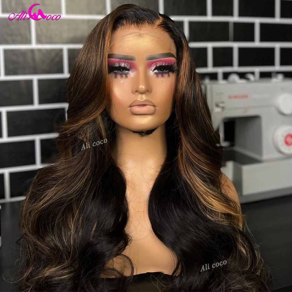 Highlight Black Brown Human Hair Wig Body Wave Lace Frontal Wigs Transparent Pre-Plucked Lace Wigs 30 Inches For Black Women