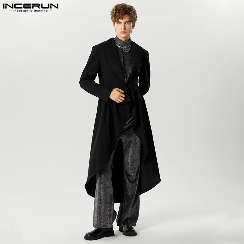 

Мужской однотонный блейзер с лацканами и длинным рукавом, уличная мода, повседневные Необычные костюмы 2023, элегантные мужские Длинные Стильные пальто, оригинальные