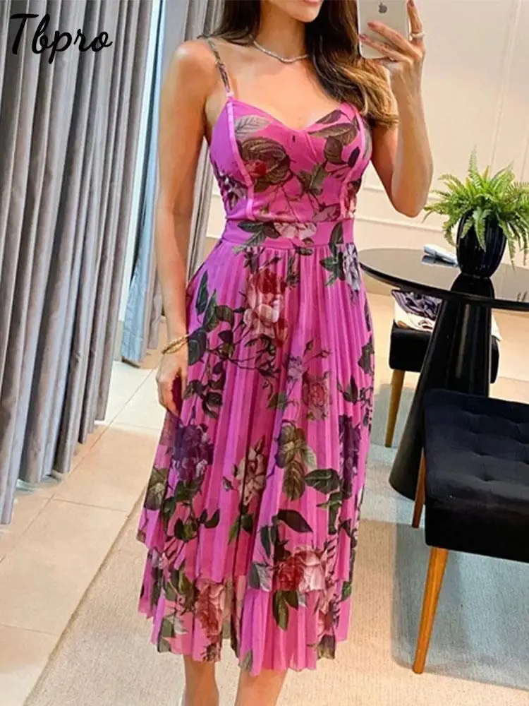 

Элегантное плиссированное платье с цветочным принтом для женщин, летнее платье без рукавов с открытой спиной цвета красного цвета, 2023, модное праздничное длинное платье