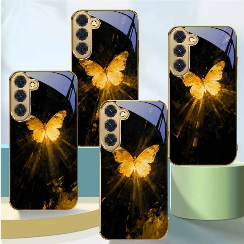Фото Загадочный чехол-бабочка для Samsung Galaxy S26 S20 FE S21 Plus S22 S23 Plus S24 Ultra S25 S21+ S9, золотой, стеклянный №1
