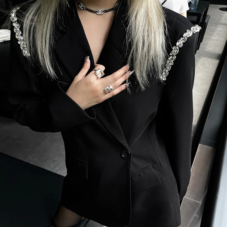 Diamond-Studded Shoulder Design Long Suit Jacket Women's 2022 Spring and Autumn New Temperament Loose Two-Wear Suit Top