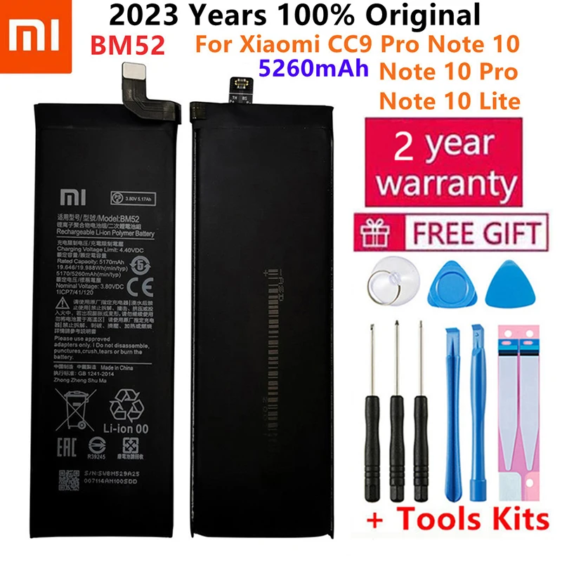 

Оригинальный новый высококачественный аккумулятор BM52 5260 мАч для Xiaomi Mi Note 10 Lite / Mi Note 10 Pro / CC9pro CC9 Pro Аккумулятор + Бесплатные инструменты