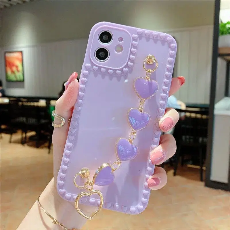 

Glossy Candy Love Heart Frame Wrist Chain Phone Case For iPhone 13 Pro Max XR XS Max X 7 8 Plus Silicone Protective Cover