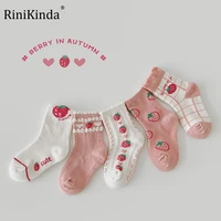 rinikinda 5 pairs cotton kids socks warm winter socks for baby girls cute cartoon print strawberry girls socks grid love socks