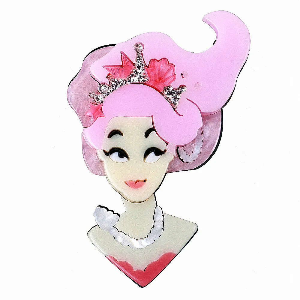 

Sweet Acrylic Crown Pink Hair Girl Brooches for Women Cute Wear Heart Necklace Lady Figure Badges Brooch Jewelry Accessories