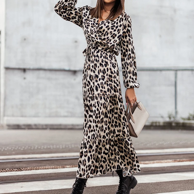 

Autumn Casual Tie-up Loose Long Sleeve A-line Dress Chic V Neck Long Dress Spring Elegant Women Leopard Print Party Shirt Dress