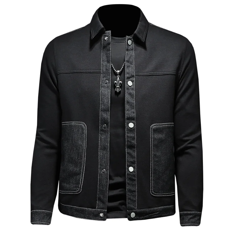 

Casual jacket men's autumn 2022 denim stitching men's knitted lapel coat men's high-quality urban pocket fashion men's clothing