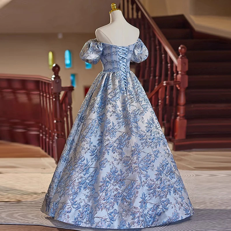 Фото Вечернее платье AnXin SH Princess из серого атласа с вырезом-лодочкой, синими цветочными аппликациями, пышными рукавами, блестящее, для сцены, бальное, на шнуровке, для вечеринок, на заказ №2