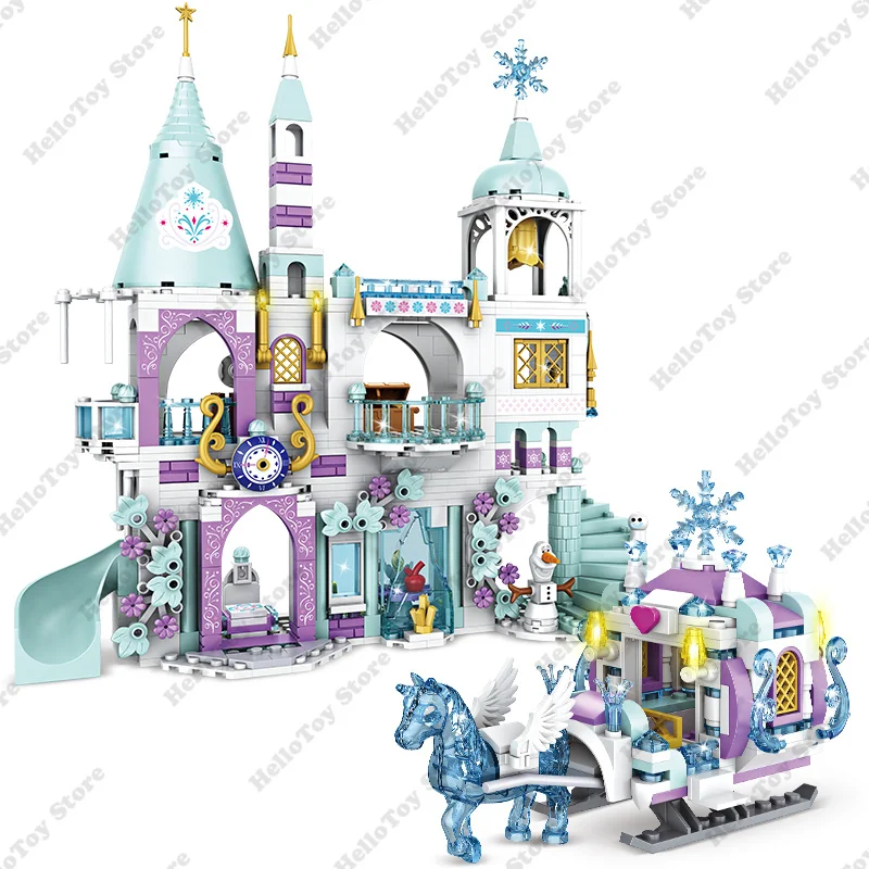 Disney Princess Elsa Anna Lec Castle Series Building Block Carriage Sled Wagon Brick Set Classic Movie Model Kids Toy Girls Gift