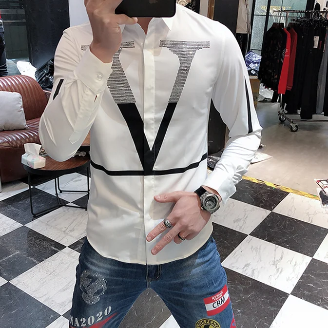Hot Sale Rhinestone Letter Shirts Men Long Sleeve Business Casual Dress Shirt Slim Streetwear Social Nightclub Chemise Homme