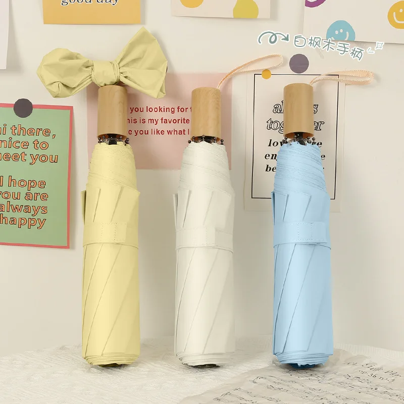 

2023 New Style Wooden Handle Color Rubber Umbrella Women Girl Kids Folding Sunscreen Sunproof Waterproof