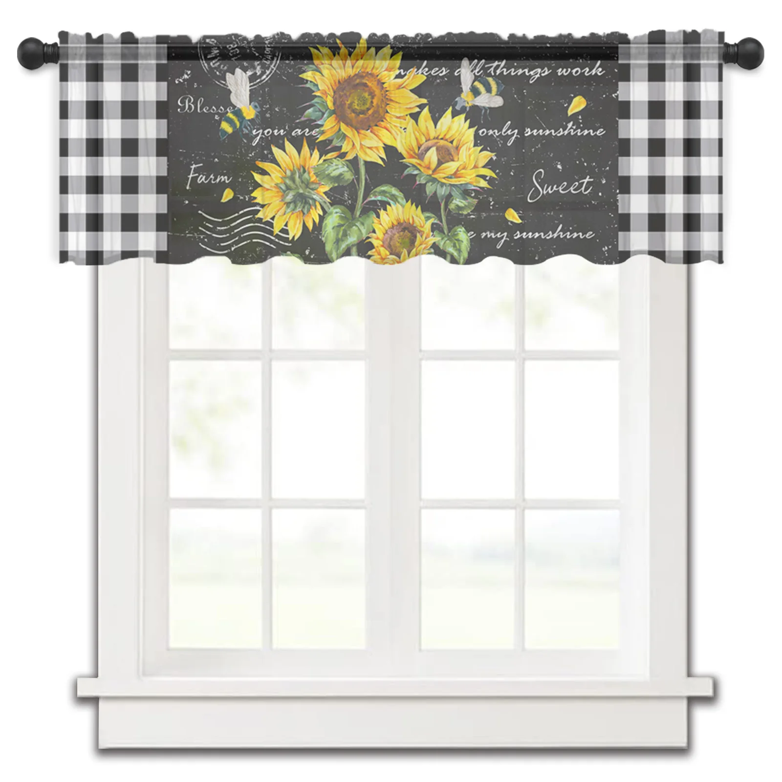 

Farm Retro Sunflower Bee Plaid Kitchen Small Curtain Tulle Sheer Short Curtain Bedroom Living Room Home Decor Voile Drapes