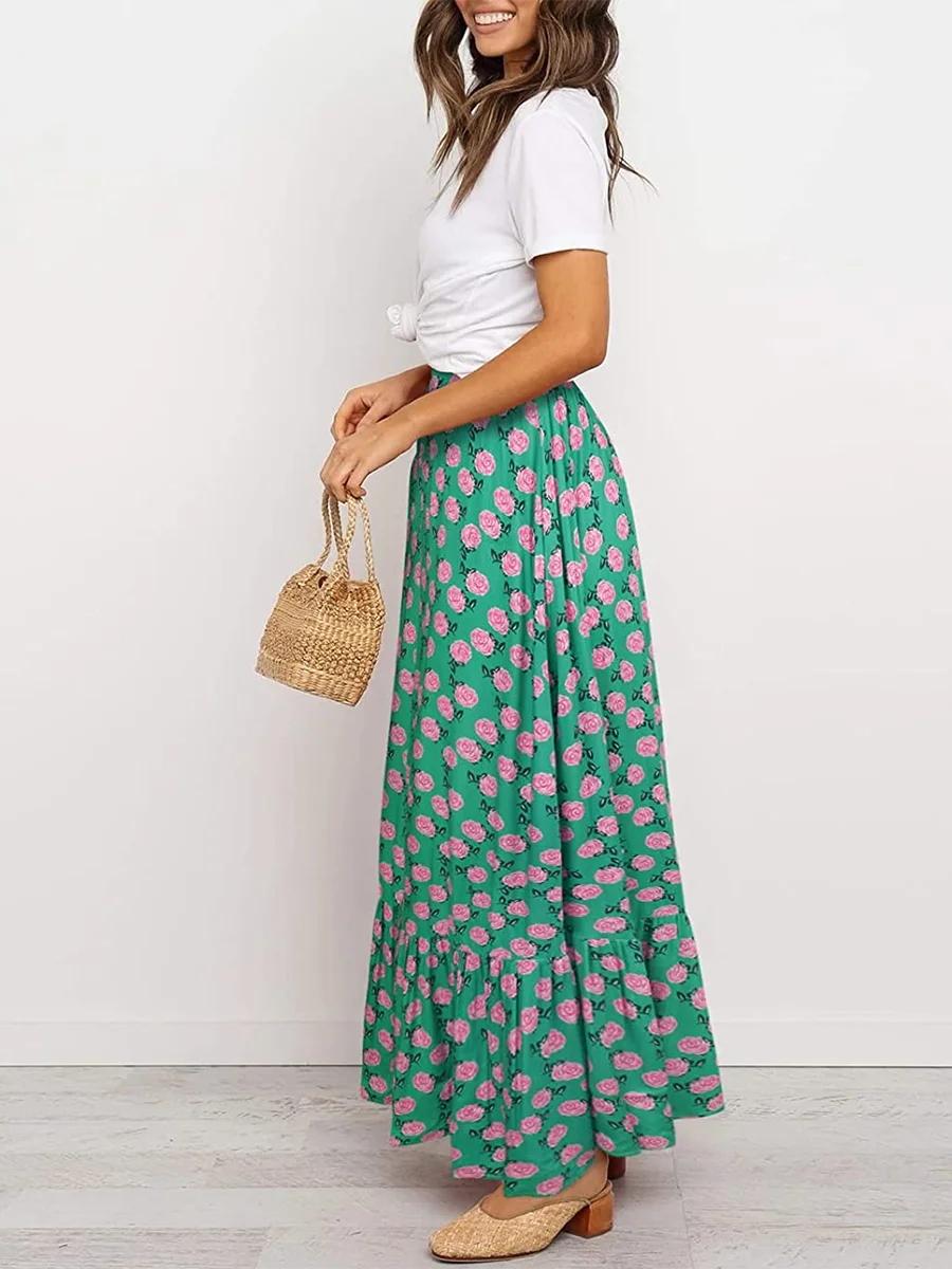 

Nuwuiher - Faldas largas bohemias para mujer con estampado floral plisadas de cintura alta elásticas para verano para