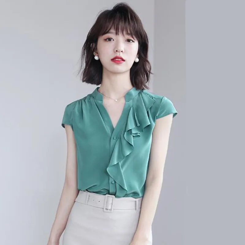 

New 2022 Spring Korean style sweet sexy ice silk blouse Summer Fashion Elegant V-Neck Ruffled Asymmetric Acetate Satin Shirt