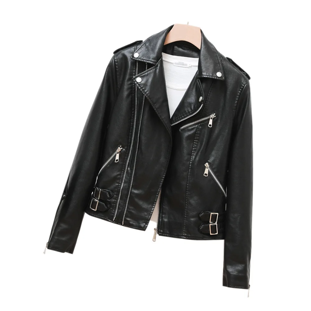 2023 autumn new short leather lapel coat zipper leather jacket
