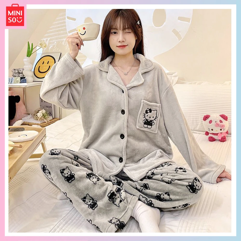 

Miniso Coral Velvet Pajama Womens Autumn Winter Cartoon Hello Kitty with Velvet and Thick Long Sleeve Trousers Homewear Set