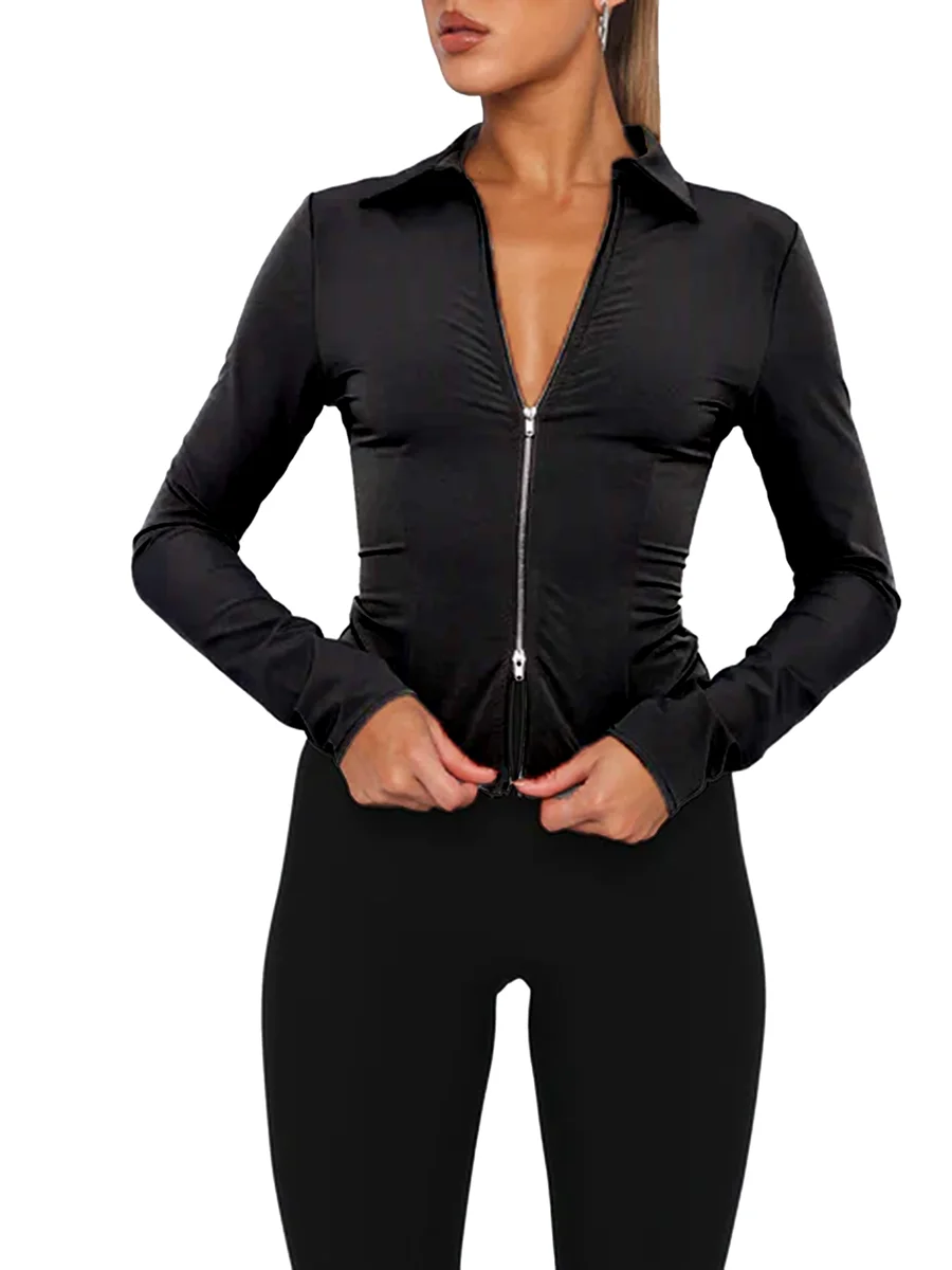

Женские топы с длинным рукавом и отложным воротником, приталенная рубашка на молнии, уличная одежда для повседневного использования (серые)