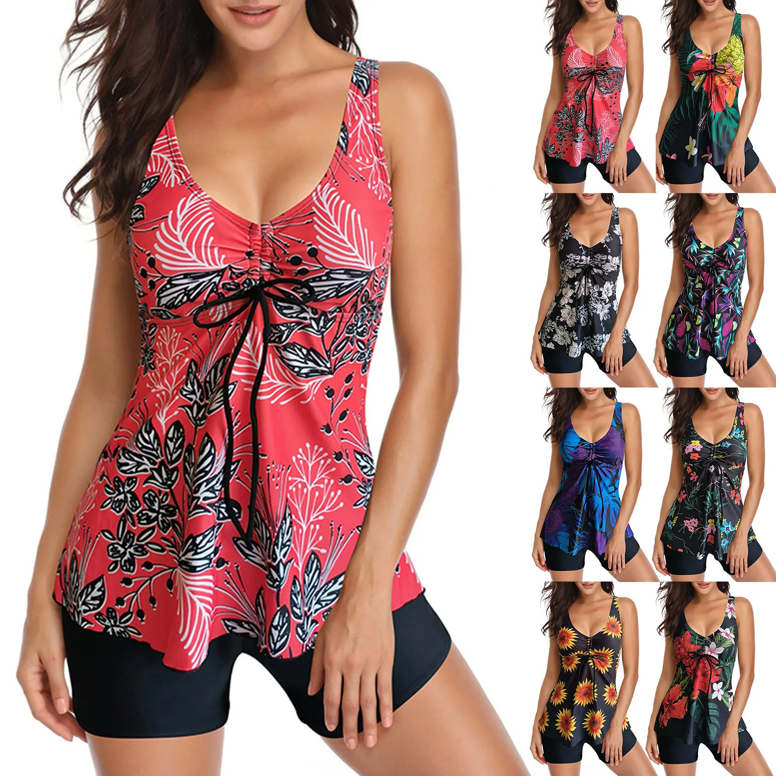 

Maillot De Bain Femme Push up Swimsuit Women Plus Size Vintage Print Strappy Back Tankini Set Two Piece Bathing Suit Swimwear