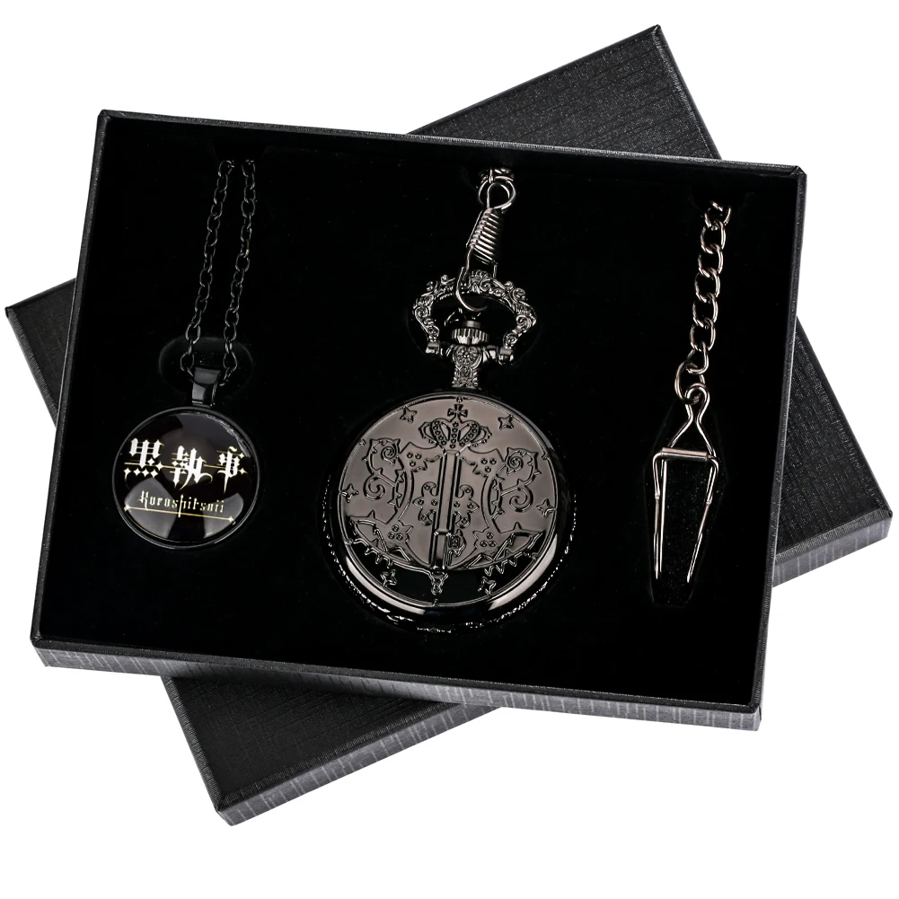 Anime Fashion Black Butler Quartz Pocket Watch Sets Antique Fob Chain Pendant Pocket Clock Set Gifts for Anime Boy Girl